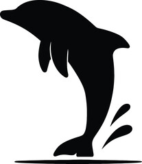 Minimal vector silhouette, dolphin breaching half out of water, arched body, solid black