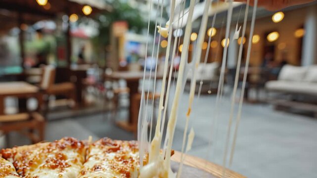 Delicious cheese pull from freshly baked pizza at a vibrant street eatery in the afternoon