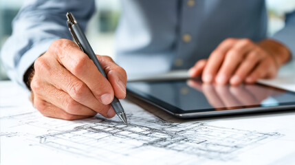 Architect reviewing detailed building plans with digital tablet onsite