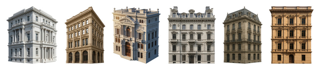Fototapeta premium Ornate classical building set including Beaux-Arts, Baroque, and historic European facades isolated. Urban architecture and city design.