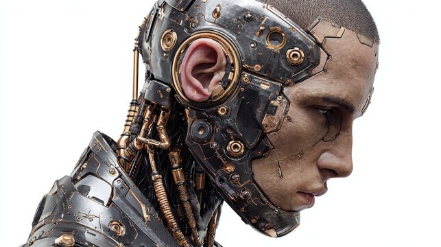 this is a realistic png image of an exoskeleton cyborg male face on a transparent background in a scifi technology style