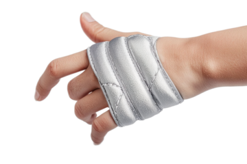 Silver finger splint stabilizing human hand on the transparent background