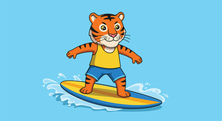 A cartoon tiger wearing a yellow tank top and blue shorts is surfing on a surfboard in the ocean.