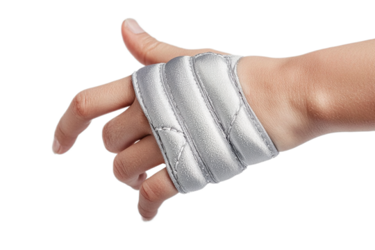 Silver finger splint stabilizing human hand on the transparent background