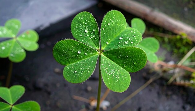 Close-up of vibrant clover leaf with dew drops