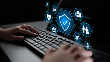 Security and insurance concept showing protection coverage for health, travel, home, car, life, and financial safety, emphasizing trust and policy assurance Latch