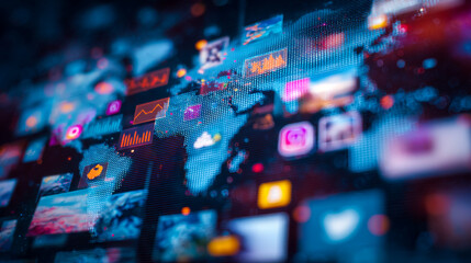 Digital world map with floating app icons and data visualizations representing global connectivity and technology trends