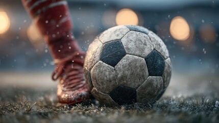 Naklejka premium Closeup of worn red soccer cleats on pitch level