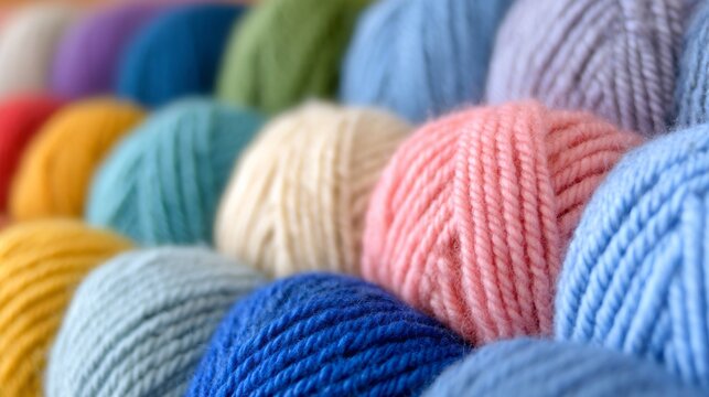 Colorful wool yarn balls close-up macro texture