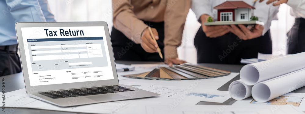 Poster group of interior architect designer discussing together on blueprint and laptop screen display arch