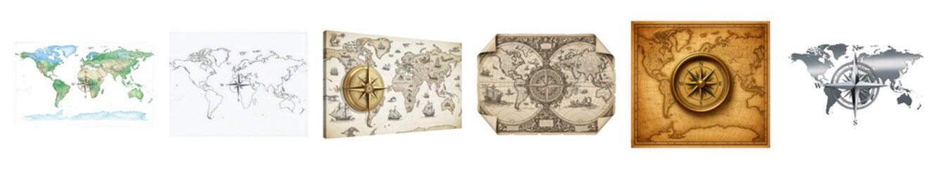 World map and compass set including watercolor, outline, vintage, and metallic styles isolated. Global travel and exploration collection.