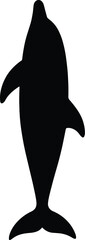 Minimal vector silhouette, dolphin spinning upright mid-air, vertical body, solid black