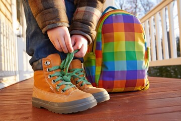 Child tying shoelaces with colorful backpack nearby on wooden porch, preparing for school
