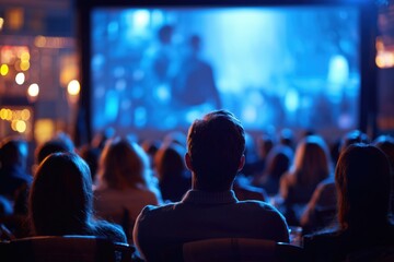 Audience watching a concert or movie in a theater or outdoor venue, with focus on a person in the foreground and a large screen or stage illuminated in blue tones