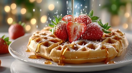Golden belgian waffle with fresh strawberries topping