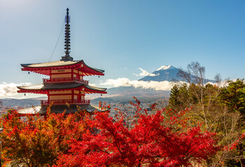 Obraz premium Chureito Pagoda and Mount Fuji in autumn, Arakura, Japan