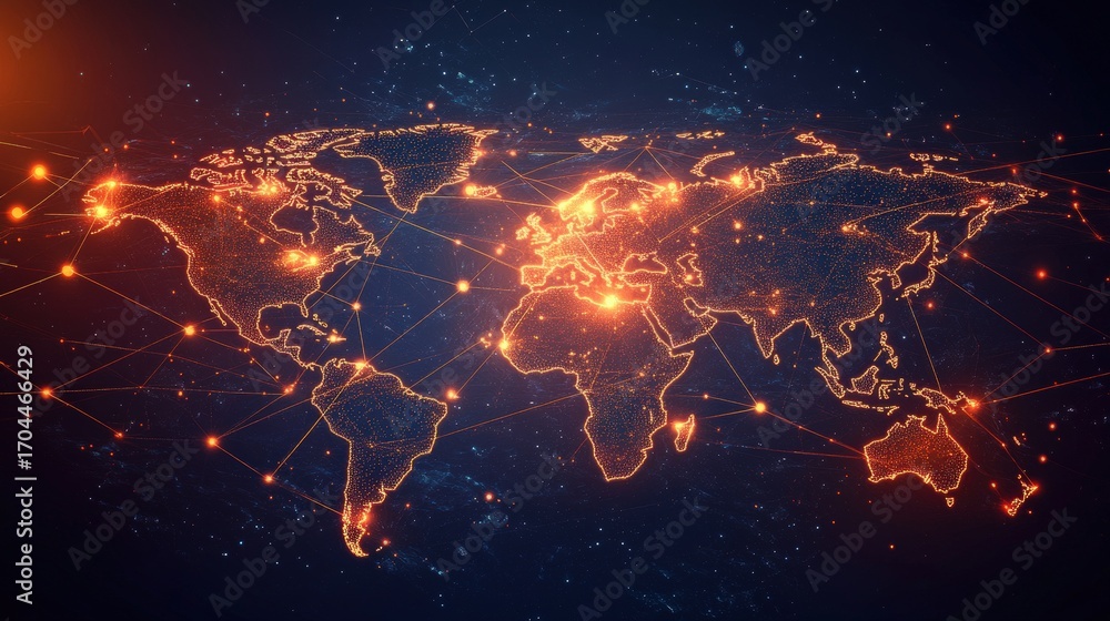 Poster global network map with glowing connections.