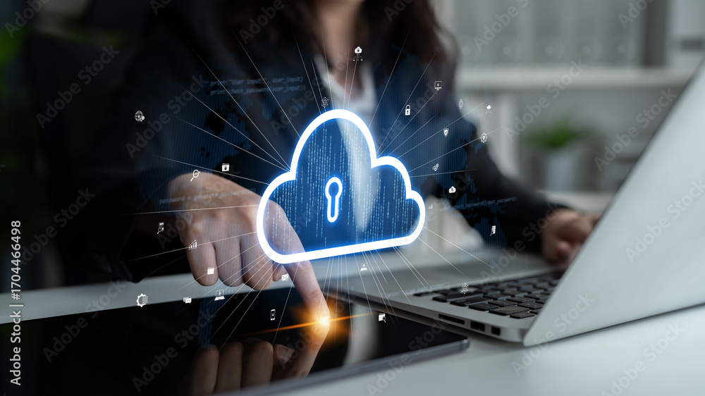 Poster cloud computing enables digital growth with secure data storage, scalable infrastructure, and strate