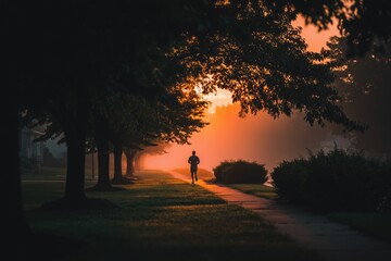 Silhouette of a person jogging along a park path at sunset, framed by trees and lush greenery
