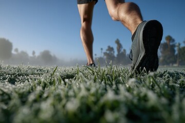Close-up of a runner's foot on grass during a morning workout, with a low-angle view
