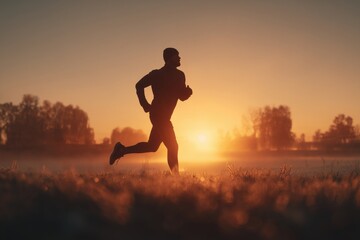  Silhouette of a man running at sunrise in an open field