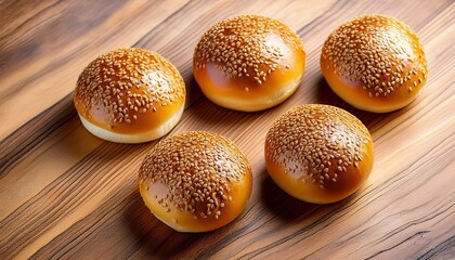 Four Golden Sesame Seed Buns Arranged On A Wooden Surface