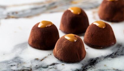 Four Dark Chocolate Truffles With Caramel Filling On Marble