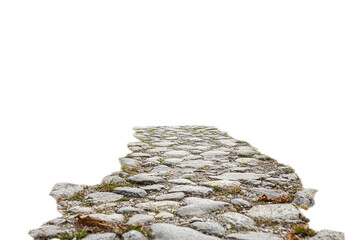 Ancient cobblestone path with grass and leaves isolated on transparent background