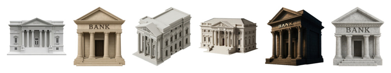 Naklejka premium Bank building set including multiple classic architectural styles, perspectives, and material finishes isolated. Financial services and economic themes.