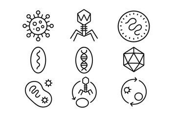 Microbiology Line Icons. Line style icons of microbiology: virus structure, bacteriophage icon, viral envelope, RNA virus, DNA