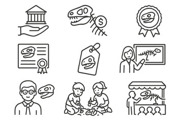Paleontology Icons Collection. Line style icons of paleontology: museum donation, fossil sponsor icon, preservation fund badge,