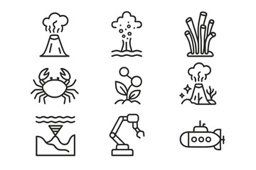 Marine Biology Icons. Line style icons of marine biology: deep sea vent, hydrothermal plume, tube worm colony, deep-sea crab,