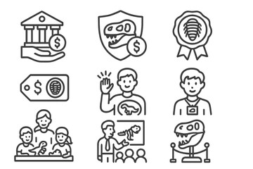 Paleontology Icons Collection. Line style icons of paleontology: museum donation, fossil sponsor icon, preservation fund badge,