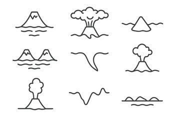 Volcanology Line Icons. Line style icons of volcanology: volcanic island formation, underwater eruption, seamount icon, island arc