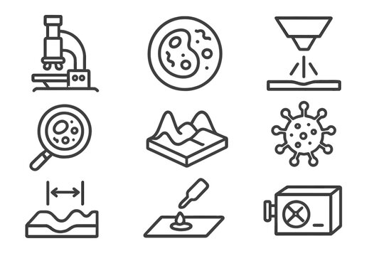Microscopic Icon Set. Line style icons of microbiology: electron microscope, transmission view, scanning electron beam, ultra-zoom