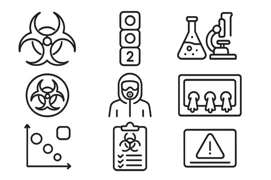 Microbiology Icons. Line style icons of microbiology: biohazard symbol, biosafety levels, level 1 icon, level 2 lab, level 3 suit,
