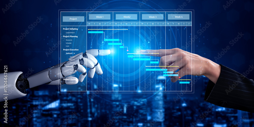 Poster A human hand and a robotic hand reach towards a digital Gantt chart in a futuristic setting, symbolizing the collaboration between technology and project management. Tessel