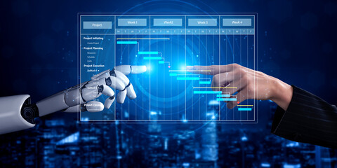 A human hand and a robotic hand reach towards a digital Gantt chart in a futuristic setting, symbolizing the collaboration between technology and project management. Tessel