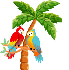 two parrots on palm tree cartoon style © Dora