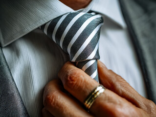 Businessman adjusting a striped tie in formal attire