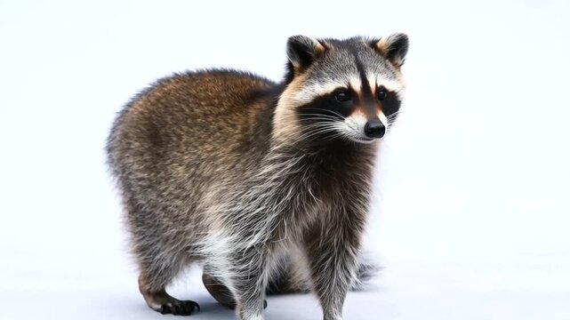 A raccoon standing in the snow, looking at the camera isolated on white background the raccoon has a black mask and a bushy tail