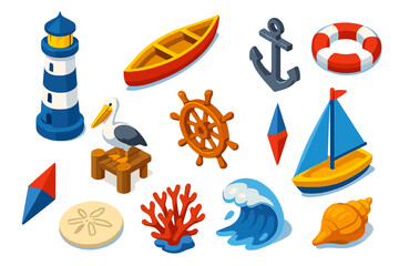 Marine Icon Set. Isometric vector illustration set of lighthouse, boat, anchor, and sea elements: white and blue lighthouse, canoe