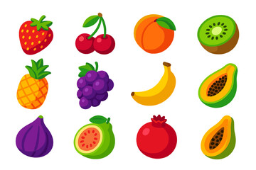 Vibrant Fruit Icons. Isometric vector illustration set of fruits: strawberry, cherry, peach, kiwi, pineapple, grape, banana, lime,