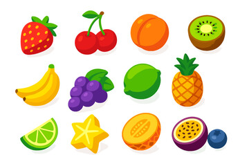 Vibrant Fruit Icons. Isometric vector illustration set of fruits: strawberry, cherry, peach, kiwi, pineapple, grape, banana, lime,