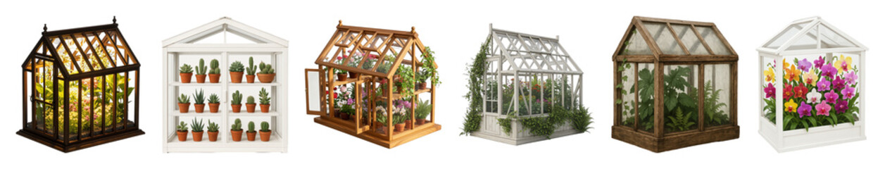 Miniature greenhouse set including wooden, white, and rustic styles with succulents, flowering plants, and ferns isolated. Home decor and botanical collection.