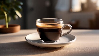 Obraz premium Elegant Coffee Cup Displaying Rich Dark Espresso Against A Minimalistic Background In A Cozy Setting