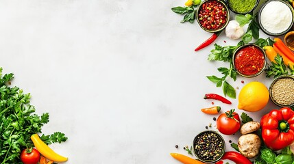 Fresh food ingredients frame on light background