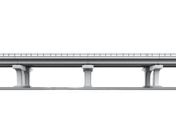 Concrete overpass infrastructure with support pillars rendered in a side view on transparent background
