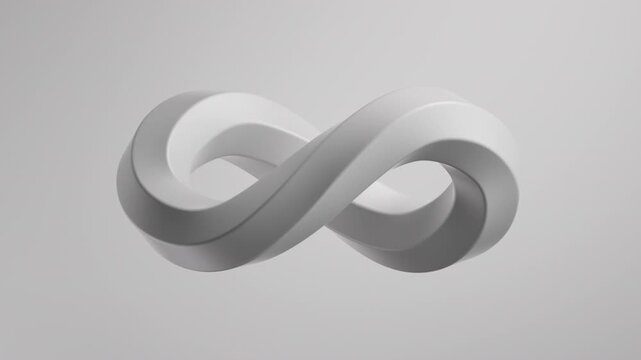 Seamless looping 3D animation of a white M&ouml;bius strip forming an infinity symbol. Futuristic abstract design, perfect for tech, science, and philosophical concepts