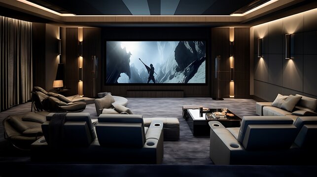 Luxurious private cinema room featuring comfortable seating and ambient lighting design